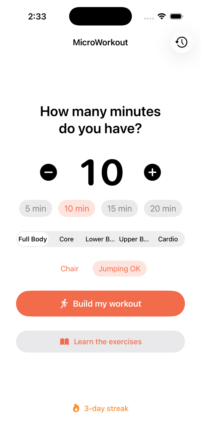 Dart's home screen: 'How many minutes do you have?' above a large duration picker, goal choices, and a Build my workout button